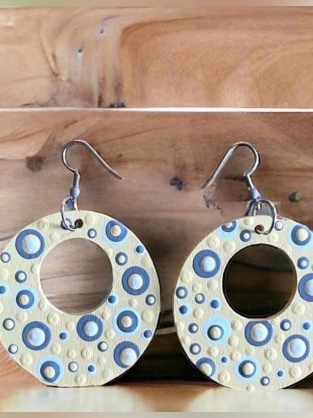 Hand crafted! Dot-Painted 2” Open Circle Earrings: Yellow and Gray pastels